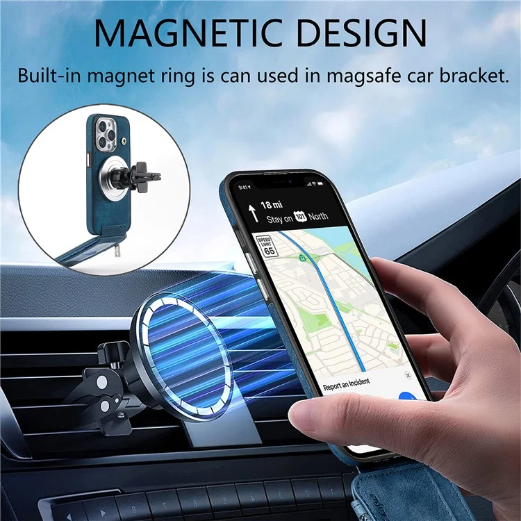 Für iPhone 15 Pro Max Magnetisches Kartenetui mit Ständer TPU + Lederrückseite - Blau