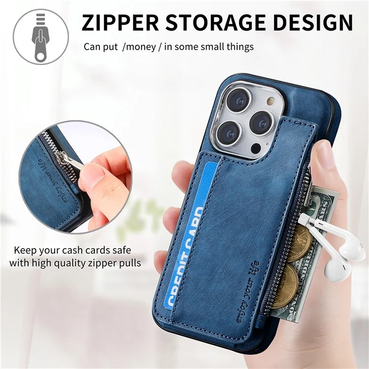 Für iPhone 15 Pro Max Magnetisches Kartenetui mit Ständer TPU + Lederrückseite - Blau