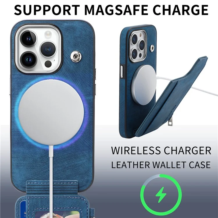 Für iPhone 15 Pro Max Magnetisches Kartenetui mit Ständer TPU + Lederrückseite - Blau