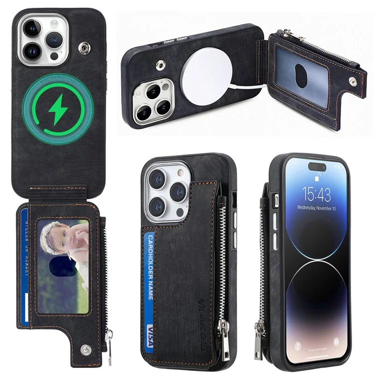 Чехол с магнитным держателем и подставкой для iPhone 15 Pro, кожаная задняя панель, ТПУ - черный
