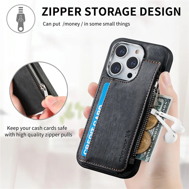 For iPhone 14 Pro Max Magnetic Case Card Holder Kickstand TPU + Leather Back Cover - Black