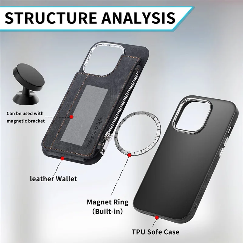 For iPhone 14 Pro Max Magnetic Case Card Holder Kickstand TPU + Leather Back Cover - Black