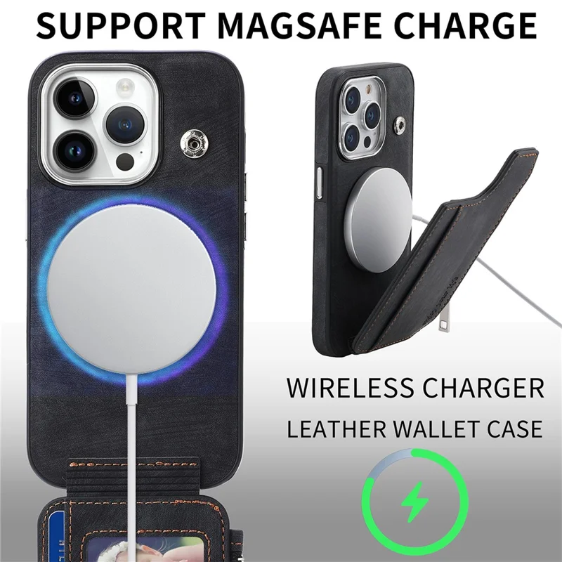 For iPhone 14 Pro Max Magnetic Case Card Holder Kickstand TPU + Leather Back Cover - Black