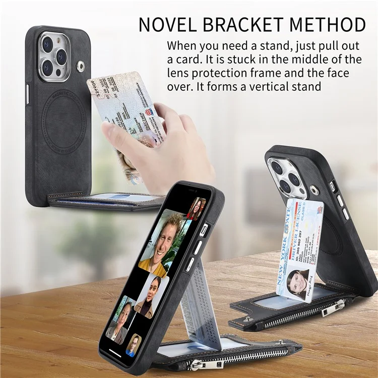 Étui magnétique avec porte-cartes et support pour iPhone 14 Pro, en TPU et cuir - Noir