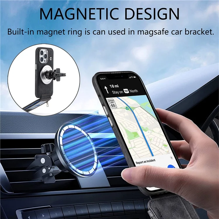 Étui magnétique avec porte-cartes et support pour iPhone 14 Pro, en TPU et cuir - Noir