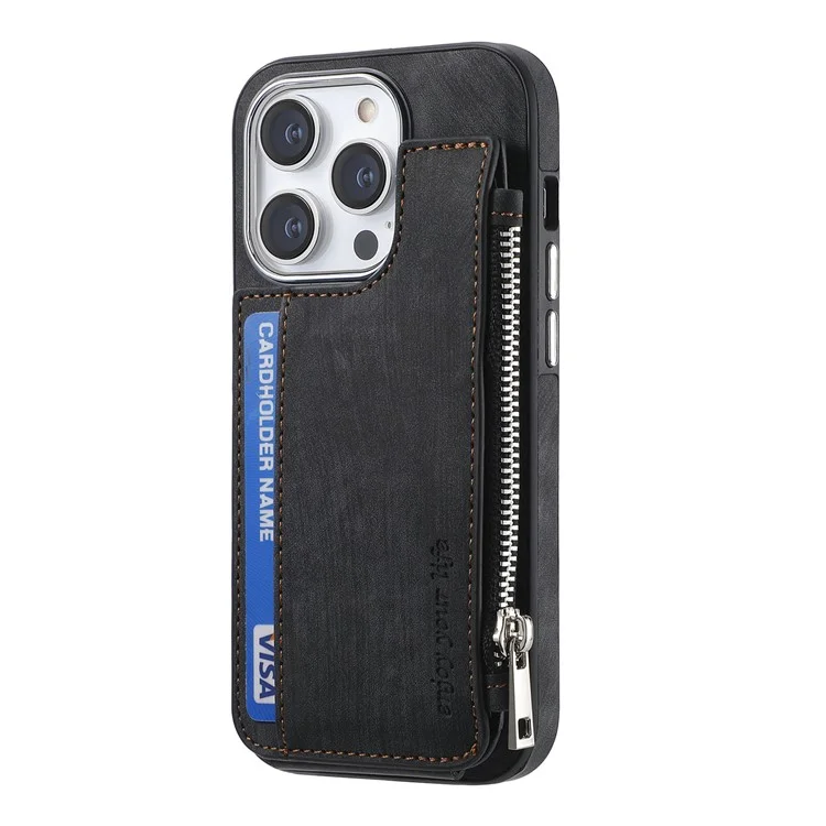Étui magnétique avec porte-cartes et support pour iPhone 14 Pro, en TPU et cuir - Noir
