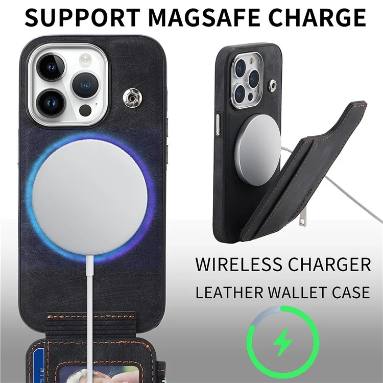 Чехол для iPhone 13 Pro Max с магнитным держателем для карт, подставкой, ТПУ и кожаной задней панелью - черный