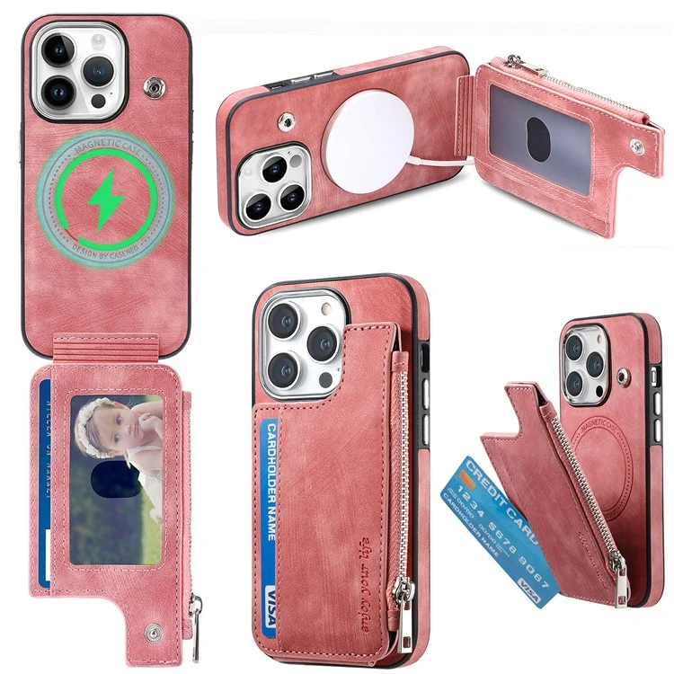 Étui magnétique pour iPhone 13 Pro avec porte-cartes et support, en TPU et cuir, couleur rose.