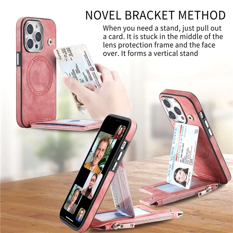 Étui magnétique pour iPhone 13 Pro avec porte-cartes et support, en TPU et cuir, couleur rose.
