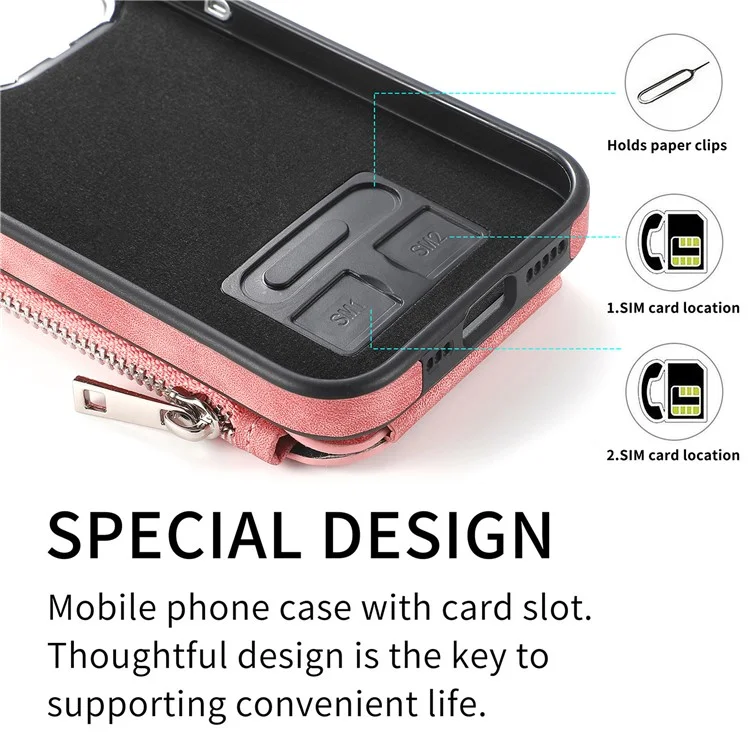 Étui magnétique pour iPhone 13 Pro avec porte-cartes et support, en TPU et cuir, couleur rose.