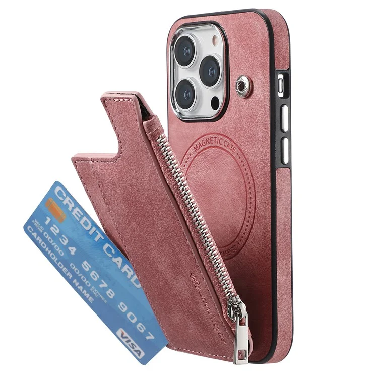 Étui magnétique pour iPhone 13 Pro avec porte-cartes et support, en TPU et cuir, couleur rose.