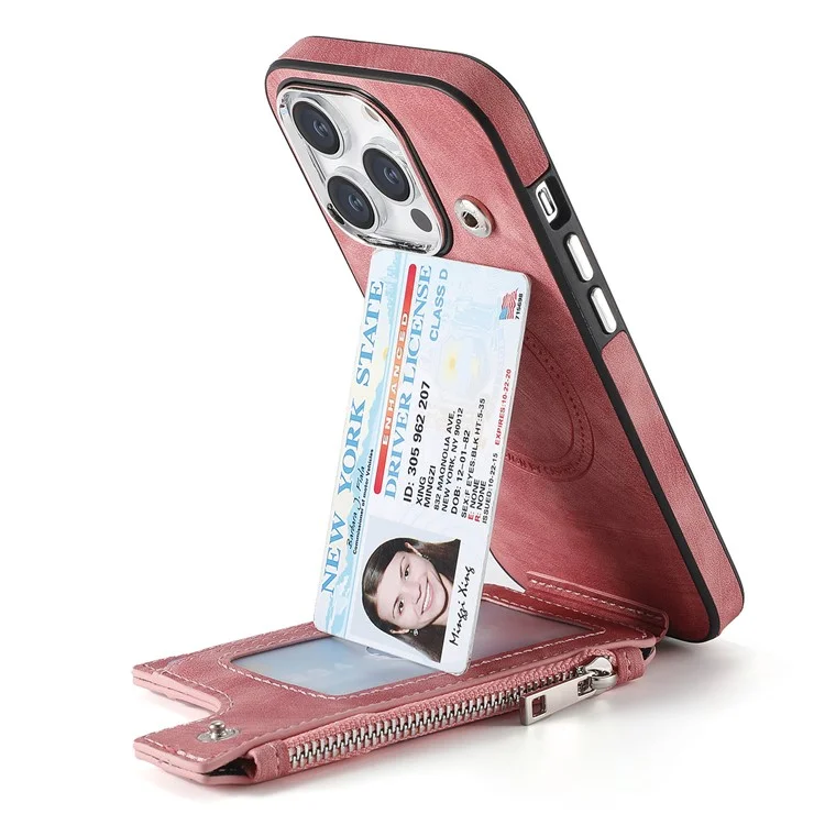Étui magnétique pour iPhone 13 Pro avec porte-cartes et support, en TPU et cuir, couleur rose.