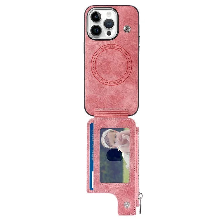 Étui magnétique pour iPhone 13 Pro avec porte-cartes et support, en TPU et cuir, couleur rose.