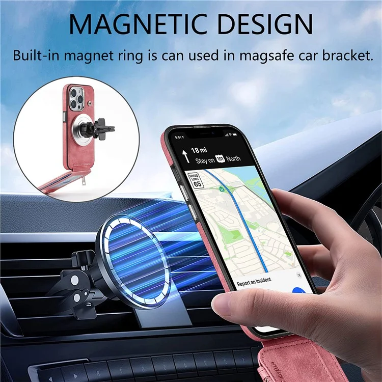 Étui magnétique pour iPhone 13 Pro avec porte-cartes et support, en TPU et cuir, couleur rose.
