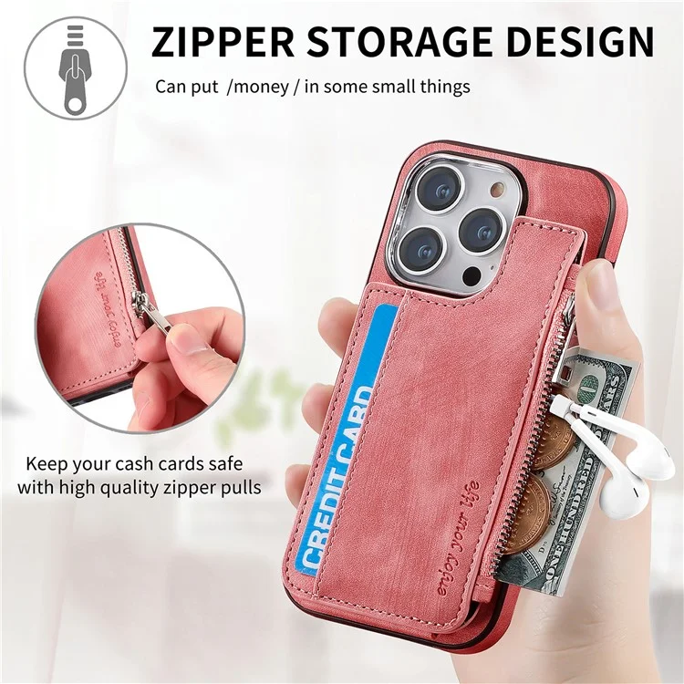 Étui magnétique pour iPhone 13 Pro avec porte-cartes et support, en TPU et cuir, couleur rose.