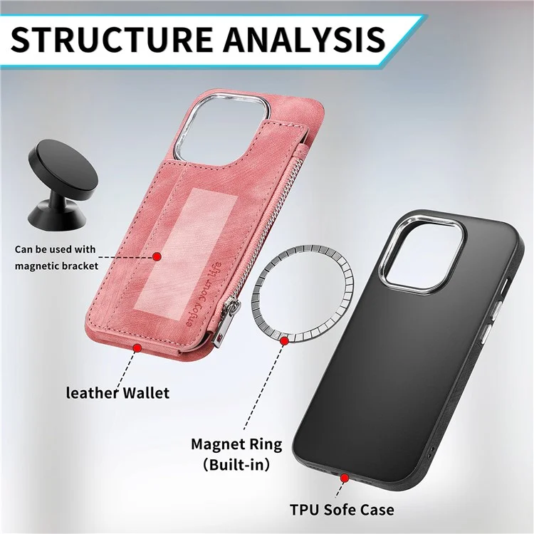 Étui magnétique pour iPhone 13 Pro avec porte-cartes et support, en TPU et cuir, couleur rose.