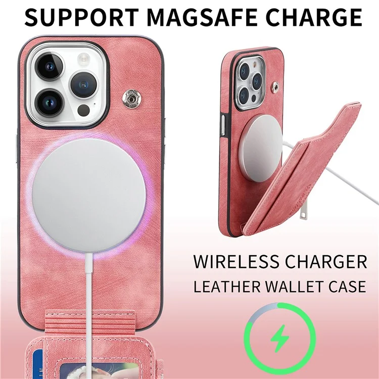 Étui magnétique pour iPhone 13 Pro avec porte-cartes et support, en TPU et cuir, couleur rose.