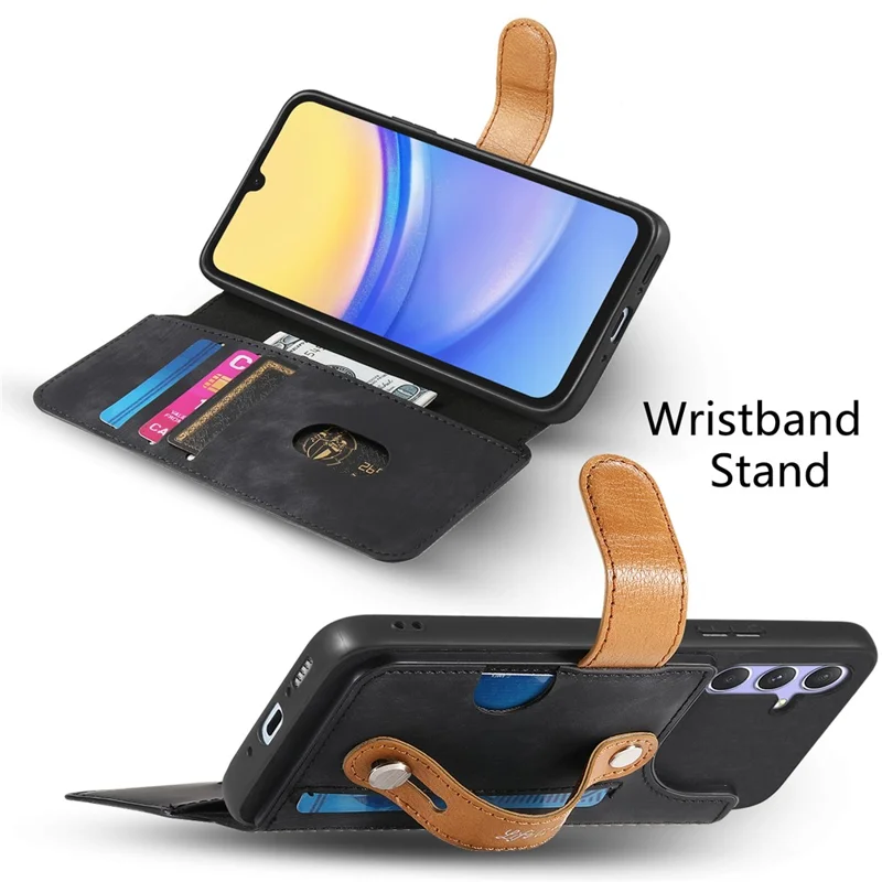 For Samsung Galaxy S24 FE Case Wallet Retro Leather Phone Cover with Wristband Kickstand - Black