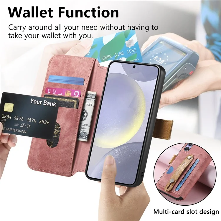 Für Samsung Galaxy A36 5G / A56 5G Hülle Geldbörse Retro Leder Handyhülle mit Handschlaufe Ständer - Pink
