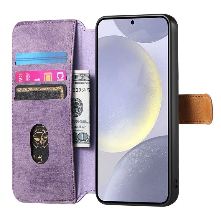 Funda cartera para Samsung Galaxy A06s de cuero retro con correa para la muñeca y soporte - Púrpura