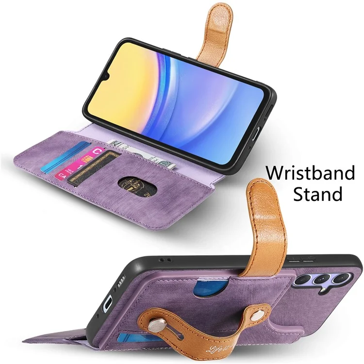 Funda cartera para Samsung Galaxy A06s de cuero retro con correa para la muñeca y soporte - Púrpura