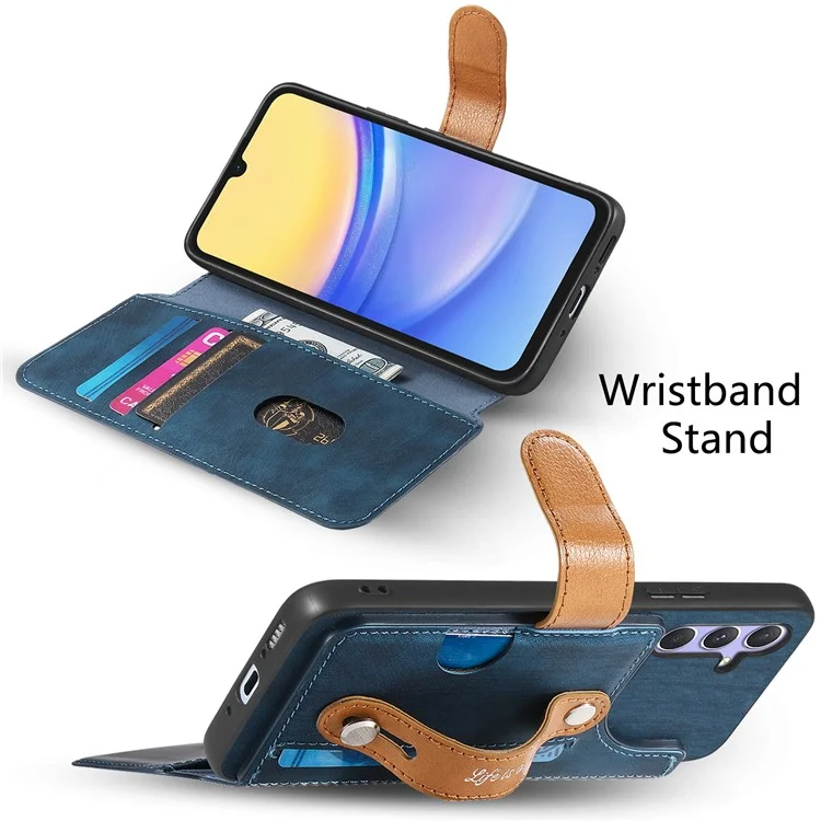 Étui portefeuille en cuir rétro avec support et dragonne pour Samsung Galaxy A25 5G (version mondiale) - Bleu