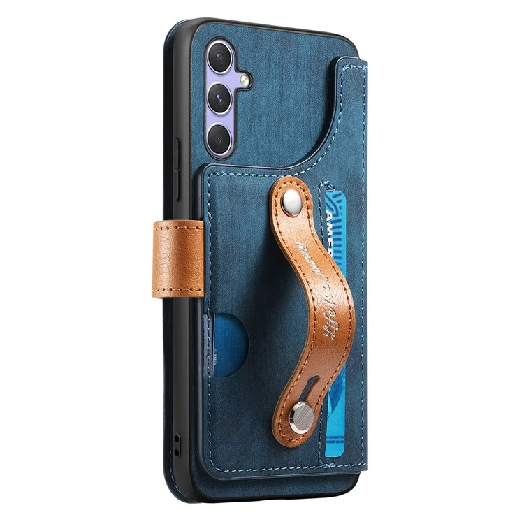 Étui portefeuille en cuir rétro avec support et dragonne pour Samsung Galaxy A25 5G (version mondiale) - Bleu