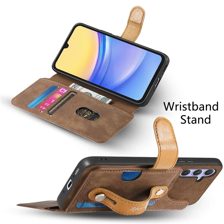 Capa carteira de couro retrô com suporte e alça de pulso para Samsung Galaxy A35 5G - Marrom