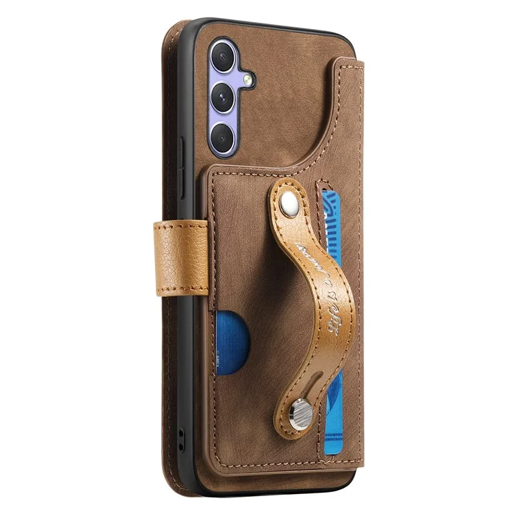 Capa carteira de couro retrô com suporte e alça de pulso para Samsung Galaxy A35 5G - Marrom