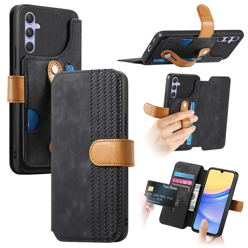 For Samsung Galaxy A35 5G Case Wallet Retro Leather Phone Cover with Wristband Kickstand - Black
