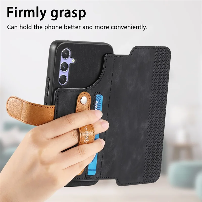 For Samsung Galaxy A35 5G Case Wallet Retro Leather Phone Cover with Wristband Kickstand - Black