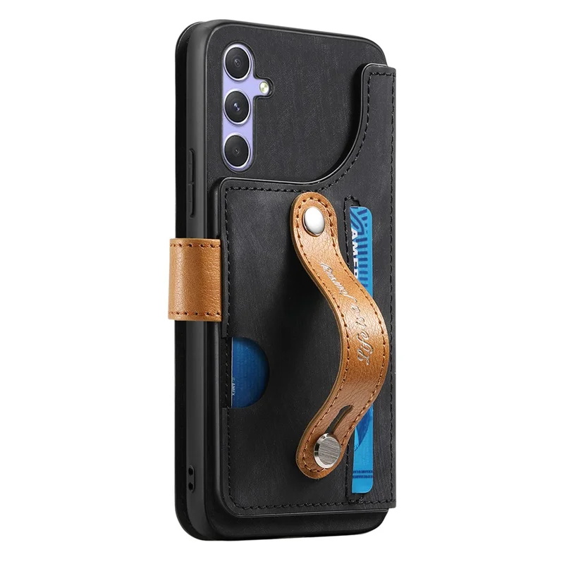 For Samsung Galaxy A35 5G Case Wallet Retro Leather Phone Cover with Wristband Kickstand - Black