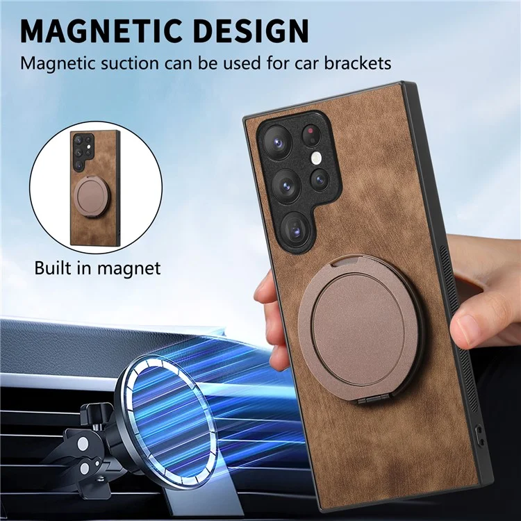 Capa para celular Samsung Galaxy S25 Ultra com suporte giratório, alívio de estresse e cobertura traseira de couro retrô - Marrom