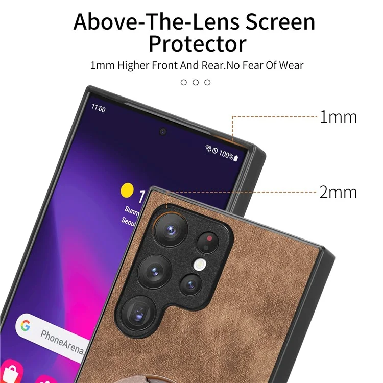 Capa para celular Samsung Galaxy S25 Ultra com suporte giratório, alívio de estresse e cobertura traseira de couro retrô - Marrom