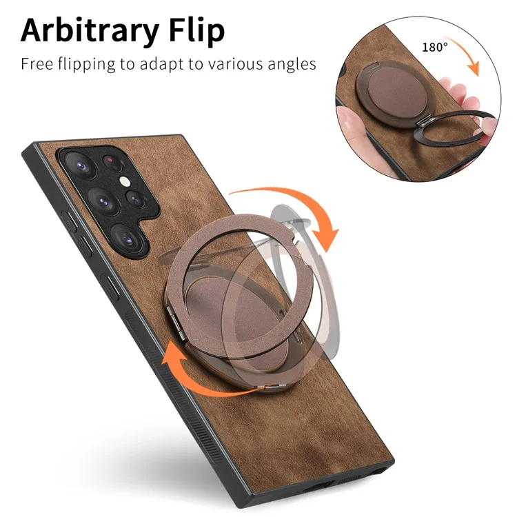 Capa para celular Samsung Galaxy S25 Ultra com suporte giratório, alívio de estresse e cobertura traseira de couro retrô - Marrom