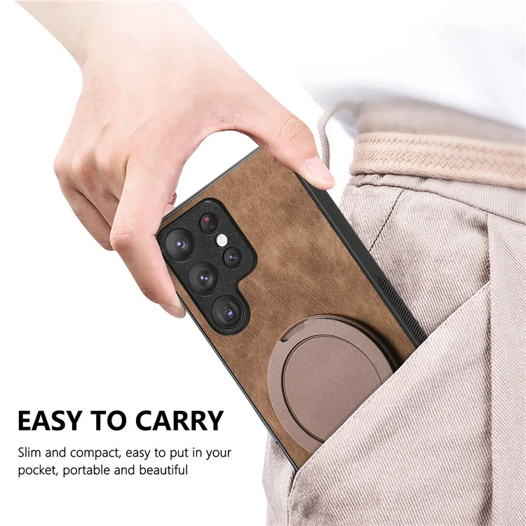 Capa para celular Samsung Galaxy S25 Ultra com suporte giratório, alívio de estresse e cobertura traseira de couro retrô - Marrom