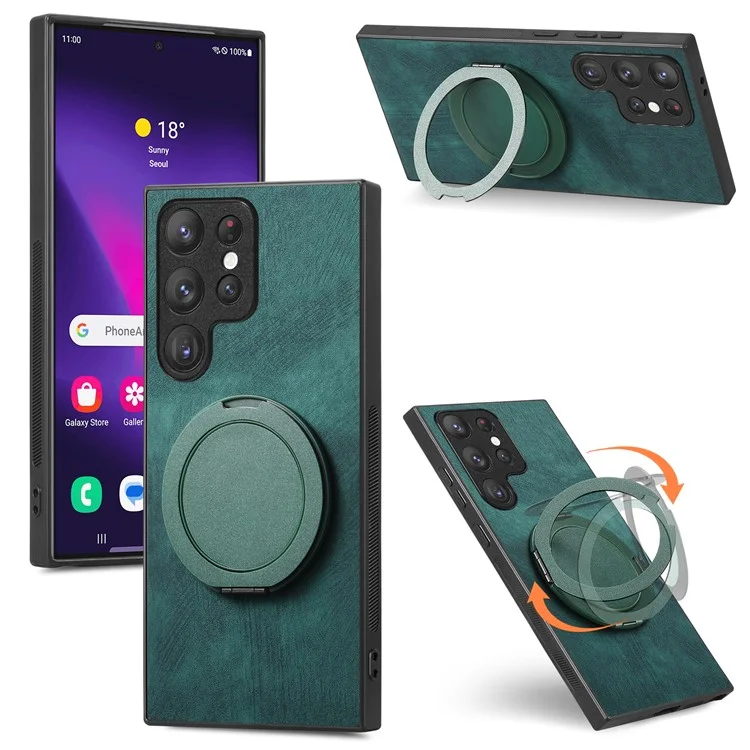 Funda para teléfono Samsung Galaxy S24 Ultra con soporte giratorio, alivio del estrés y cubierta trasera de cuero retro - Verde