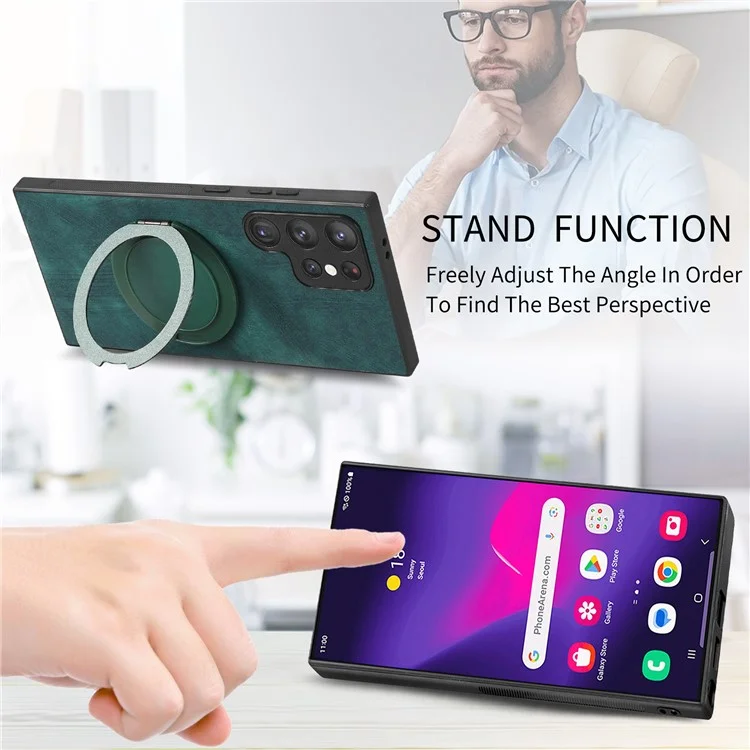Funda para teléfono Samsung Galaxy S24 Ultra con soporte giratorio, alivio del estrés y cubierta trasera de cuero retro - Verde
