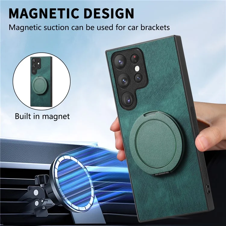 Funda para teléfono Samsung Galaxy S24 Ultra con soporte giratorio, alivio del estrés y cubierta trasera de cuero retro - Verde