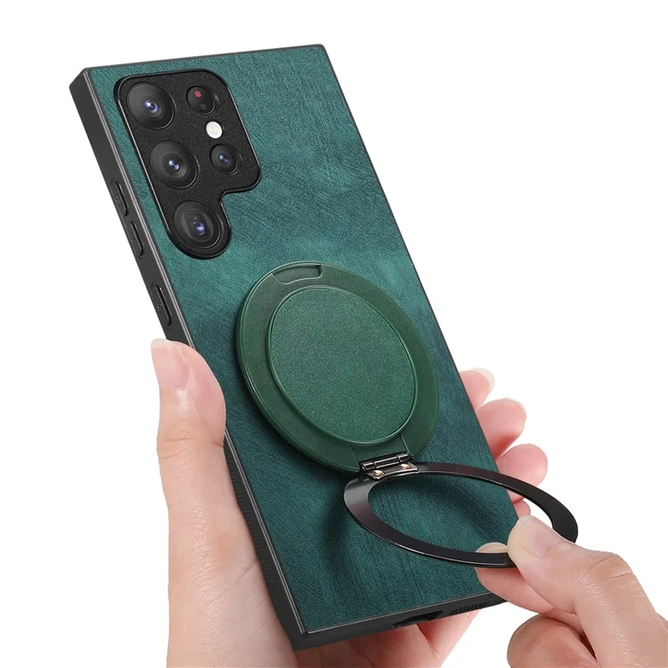 Funda para teléfono Samsung Galaxy S24 Ultra con soporte giratorio, alivio del estrés y cubierta trasera de cuero retro - Verde