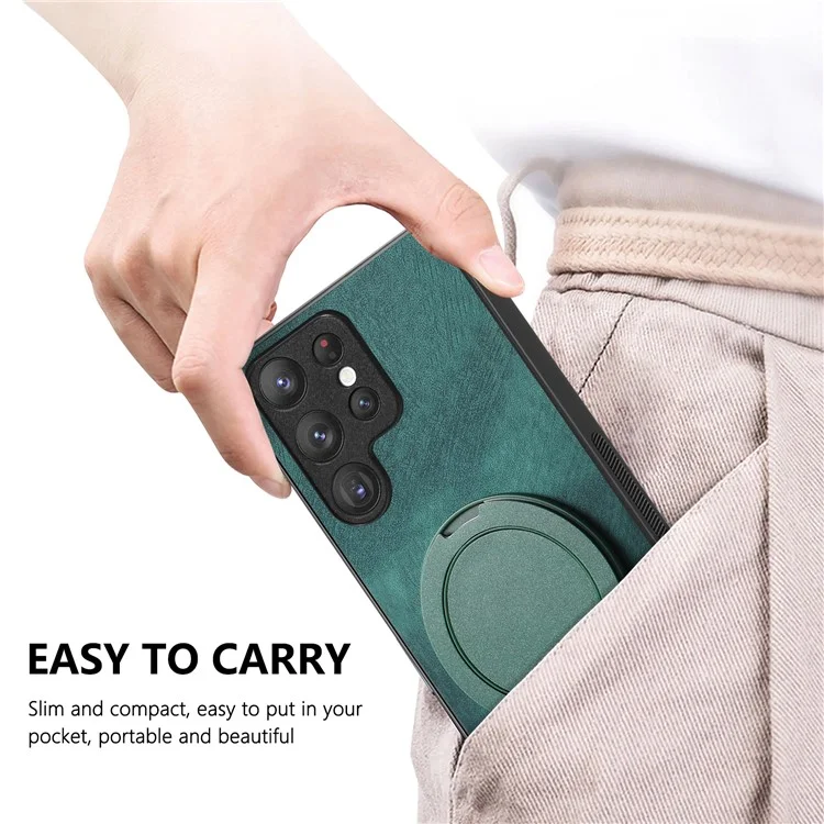 Funda para teléfono Samsung Galaxy S24 Ultra con soporte giratorio, alivio del estrés y cubierta trasera de cuero retro - Verde