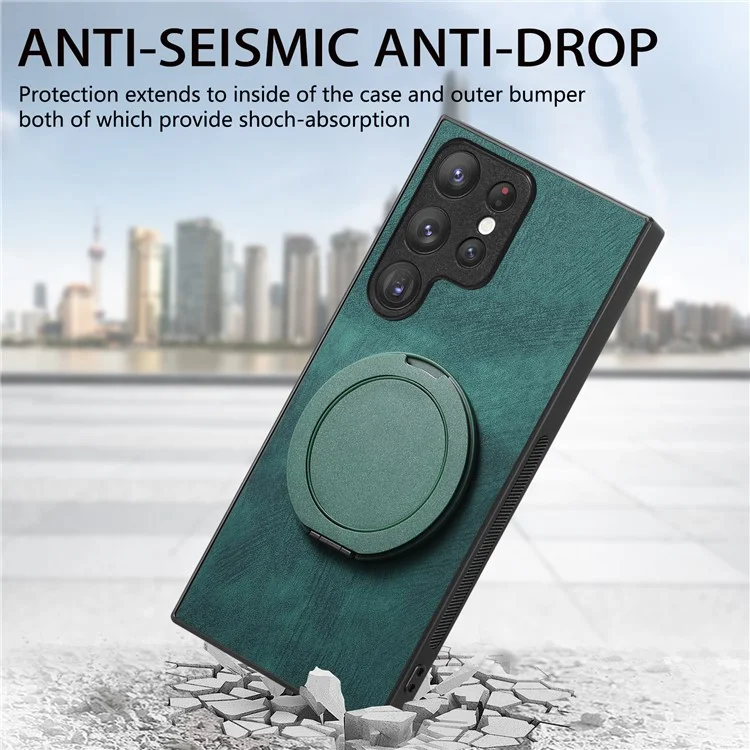Funda para teléfono Samsung Galaxy S24 Ultra con soporte giratorio, alivio del estrés y cubierta trasera de cuero retro - Verde