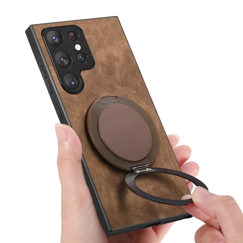 For Samsung Galaxy S24 Ultra Phone Case with Rotating Kickstand Stress Relief Retro Leather Back Cover - Brown