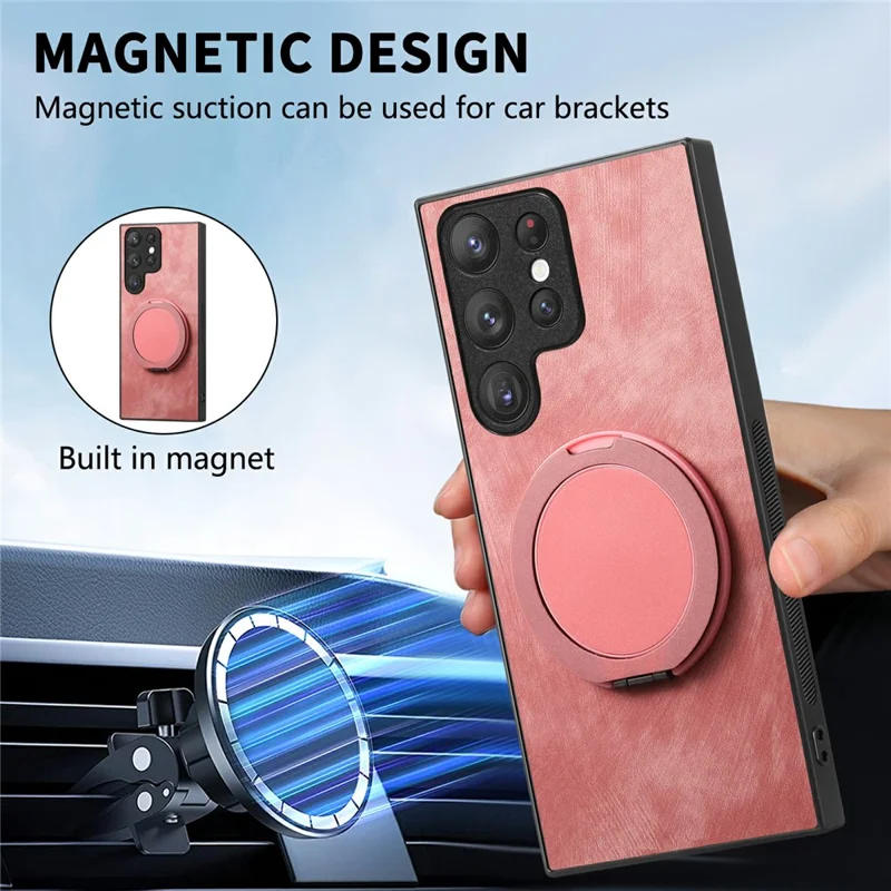 Funda para teléfono Samsung Galaxy S23 Ultra con soporte giratorio, alivio de estrés y cubierta trasera de cuero retro - Rosa