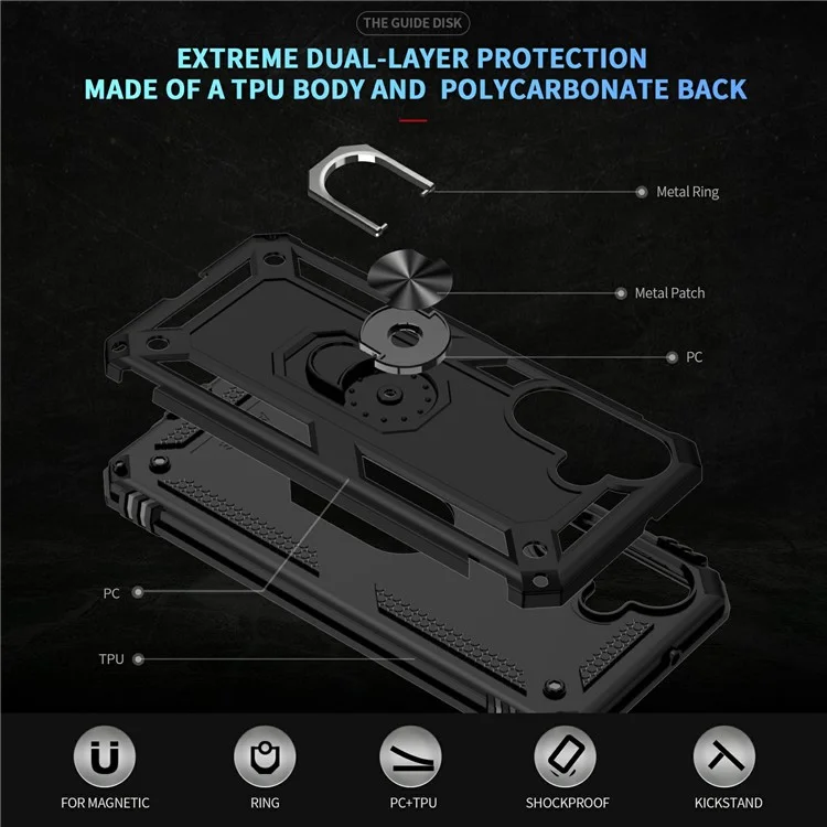Coque pour Samsung Galaxy A26 5G en PC + TPU avec support anneau rotatif - Noir