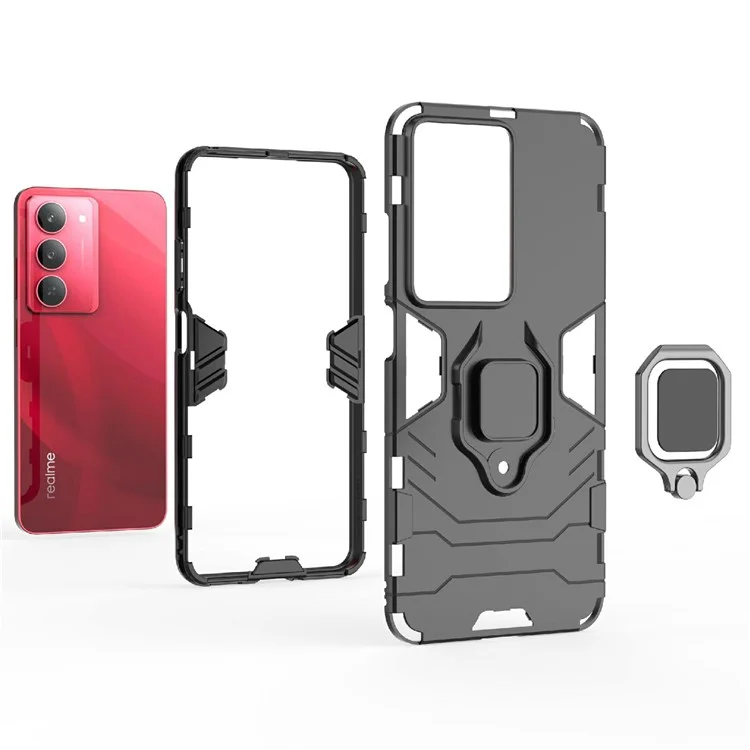 Чехол для Realme V60 Pro из ПК + ТПУ с защитной крышкой и кольцевой подставкой - Черный