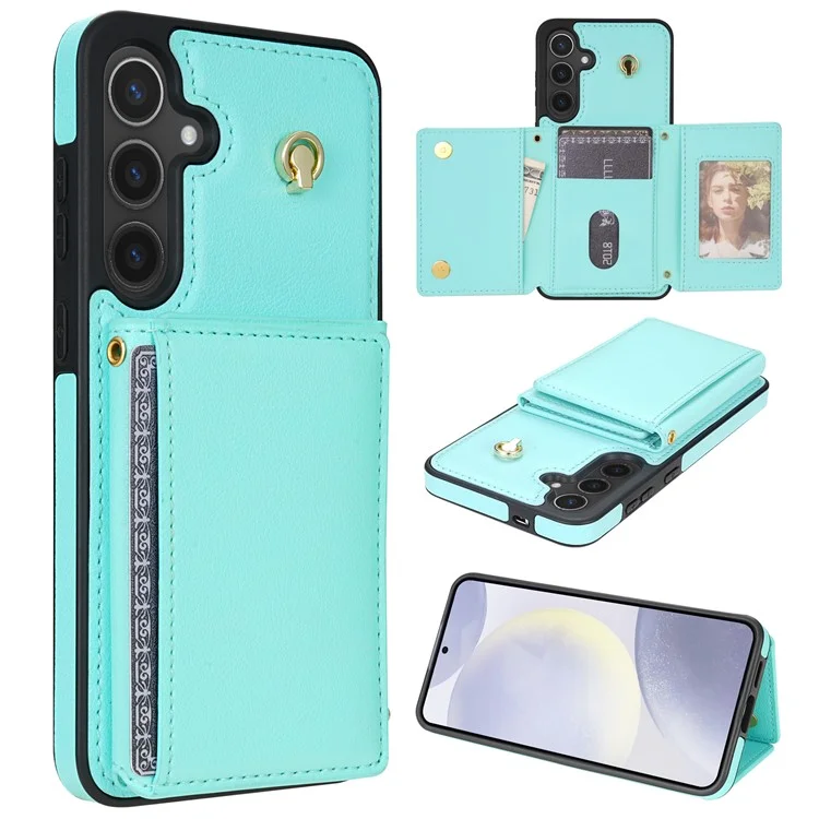 Custodia per Samsung Galaxy S25 con porta carte a tre ante, supporto pieghevole, cover posteriore in TPU + pelle, con cinturino da spalla - Verde