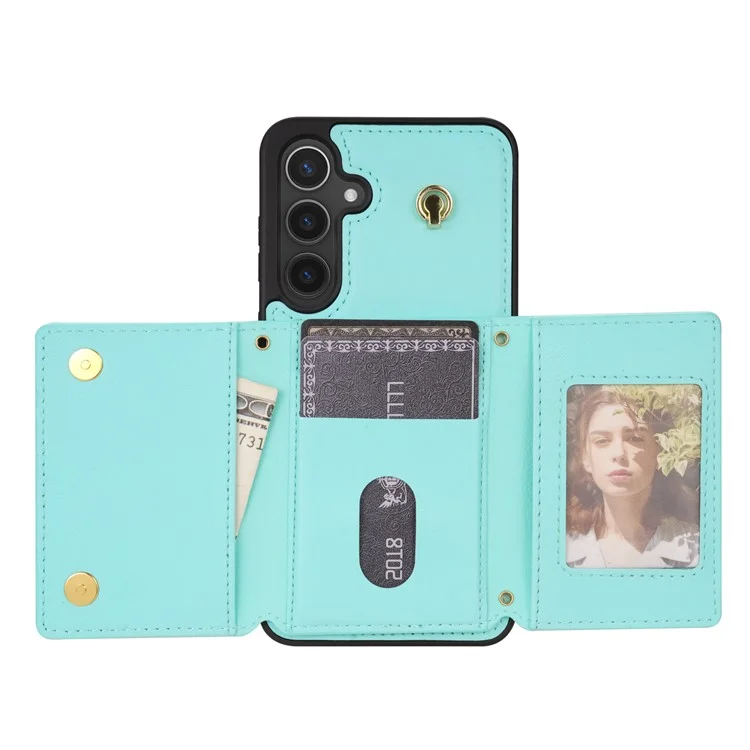 Custodia per Samsung Galaxy S25 con porta carte a tre ante, supporto pieghevole, cover posteriore in TPU + pelle, con cinturino da spalla - Verde