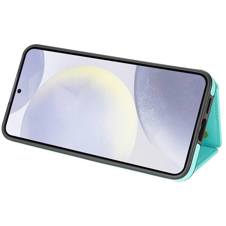Custodia per Samsung Galaxy S25 con porta carte a tre ante, supporto pieghevole, cover posteriore in TPU + pelle, con cinturino da spalla - Verde