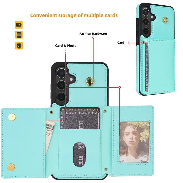 Custodia per Samsung Galaxy S25 con porta carte a tre ante, supporto pieghevole, cover posteriore in TPU + pelle, con cinturino da spalla - Verde